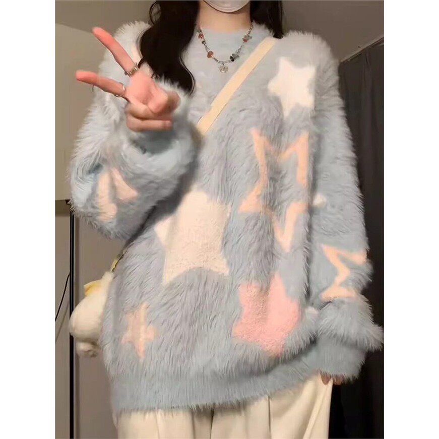 星星软糯慵懒风蓝色毛衣女秋冬水貂毛套头圆领加厚上衣宽松显瘦