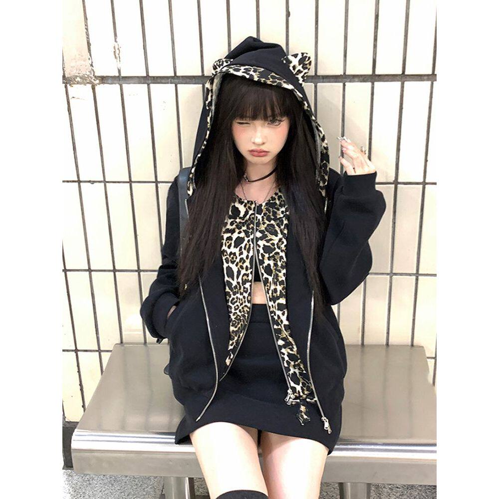 涩谷少女 秋装新款美式辣妹假两件豹纹针织外套连帽上衣短裙套装