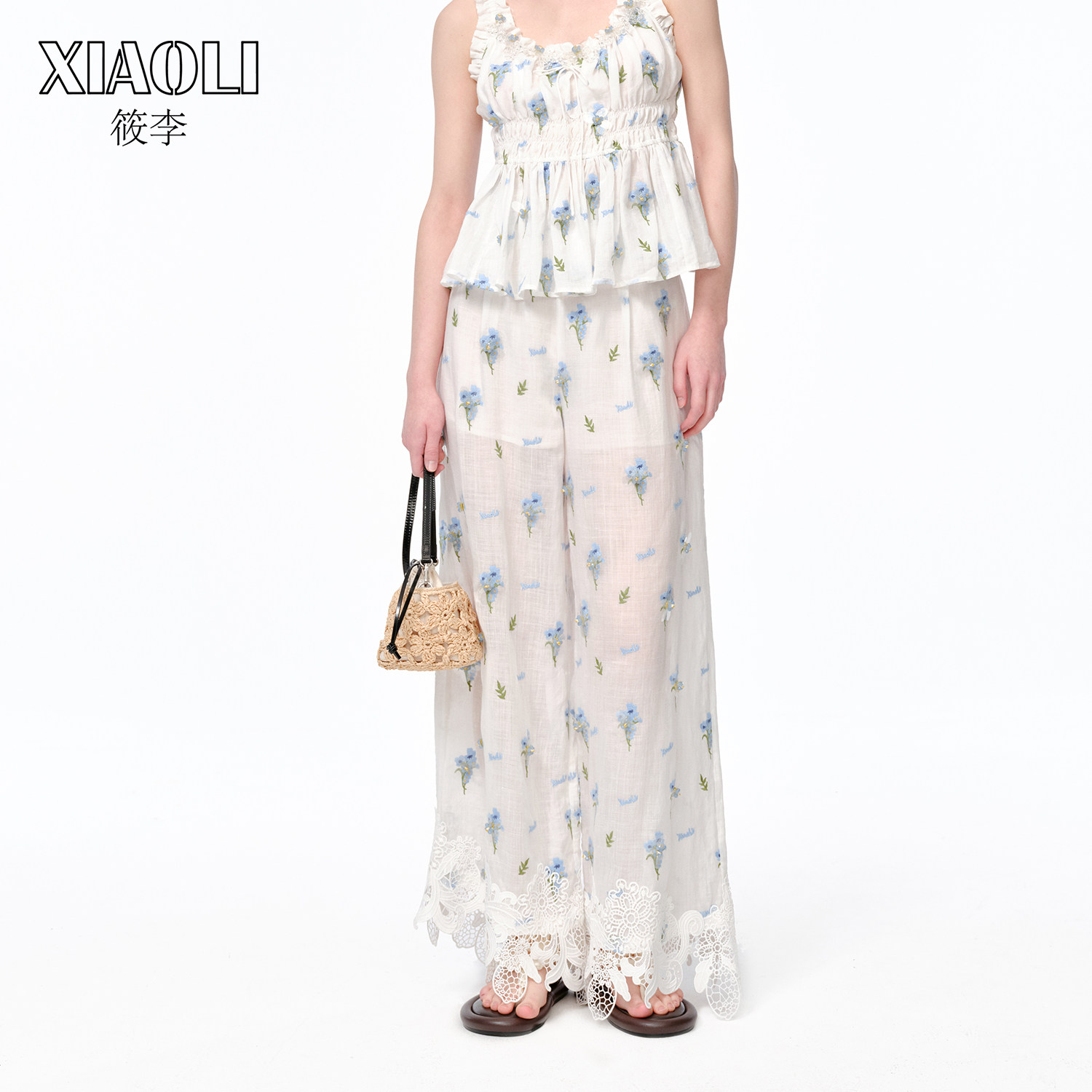 XIAOLI筱李设计师款春夏小苍兰刺绣休闲长阔腿裤
