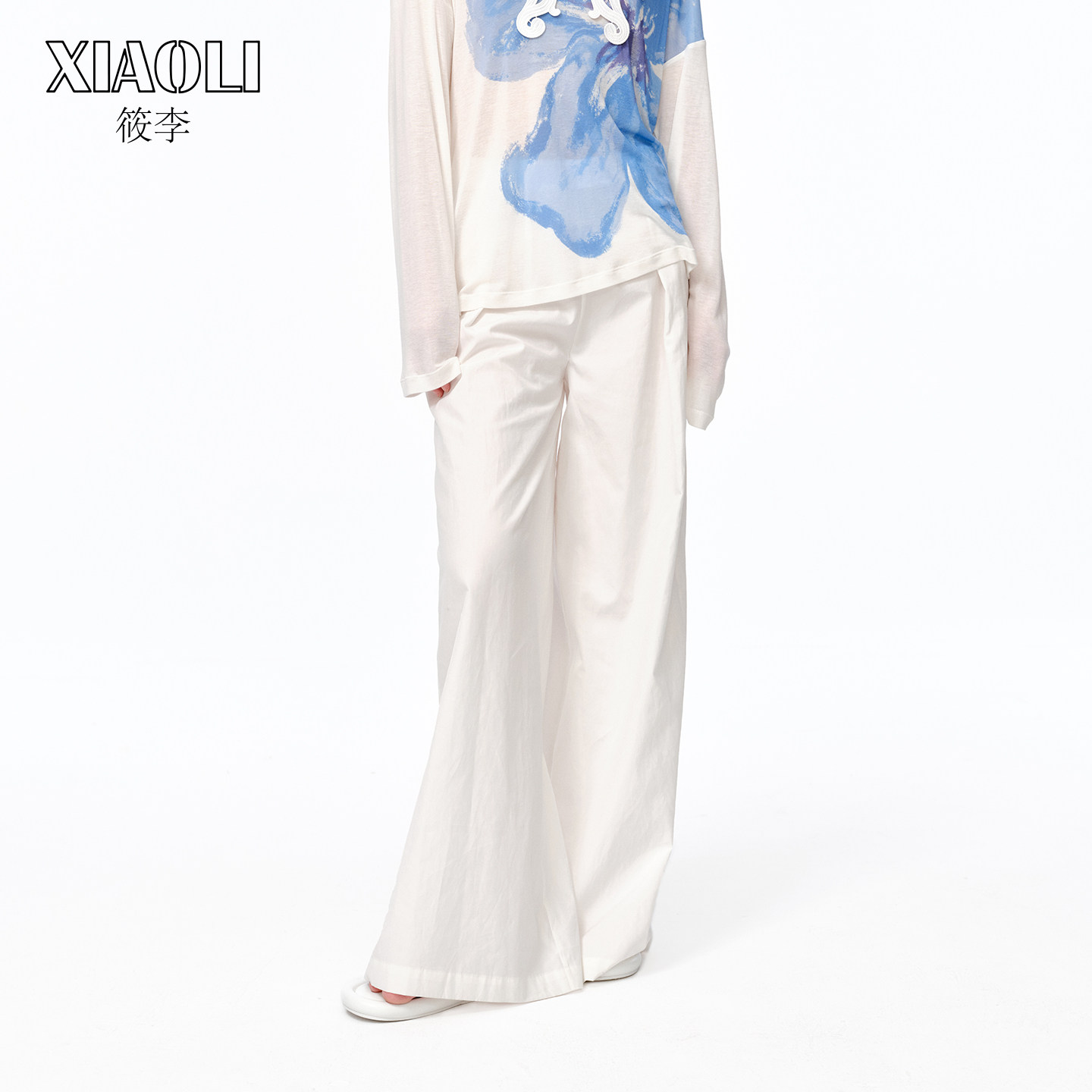 XIAOLI筱李纯白全棉素色阔腿裤