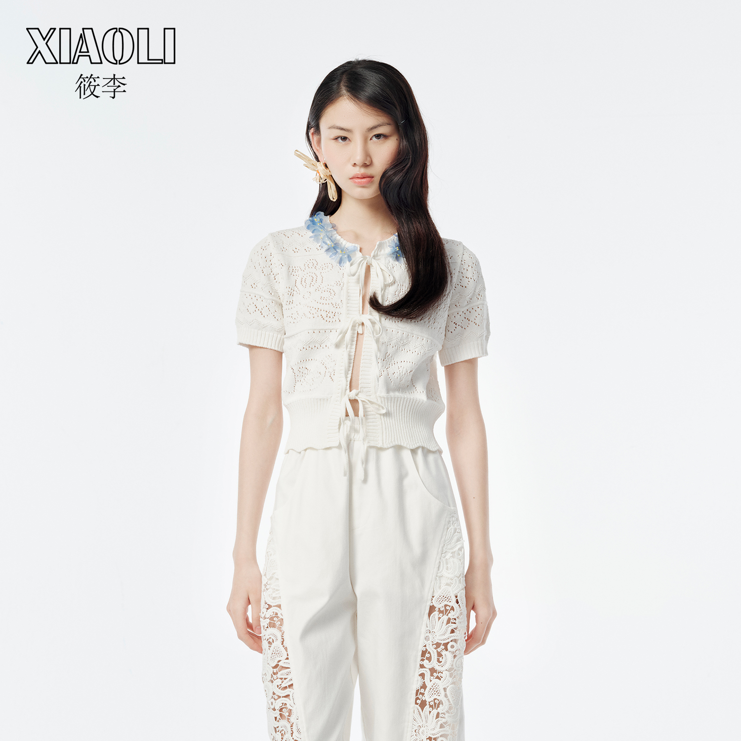 XIAOLI筱李挑孔针织开衫短袖上衣