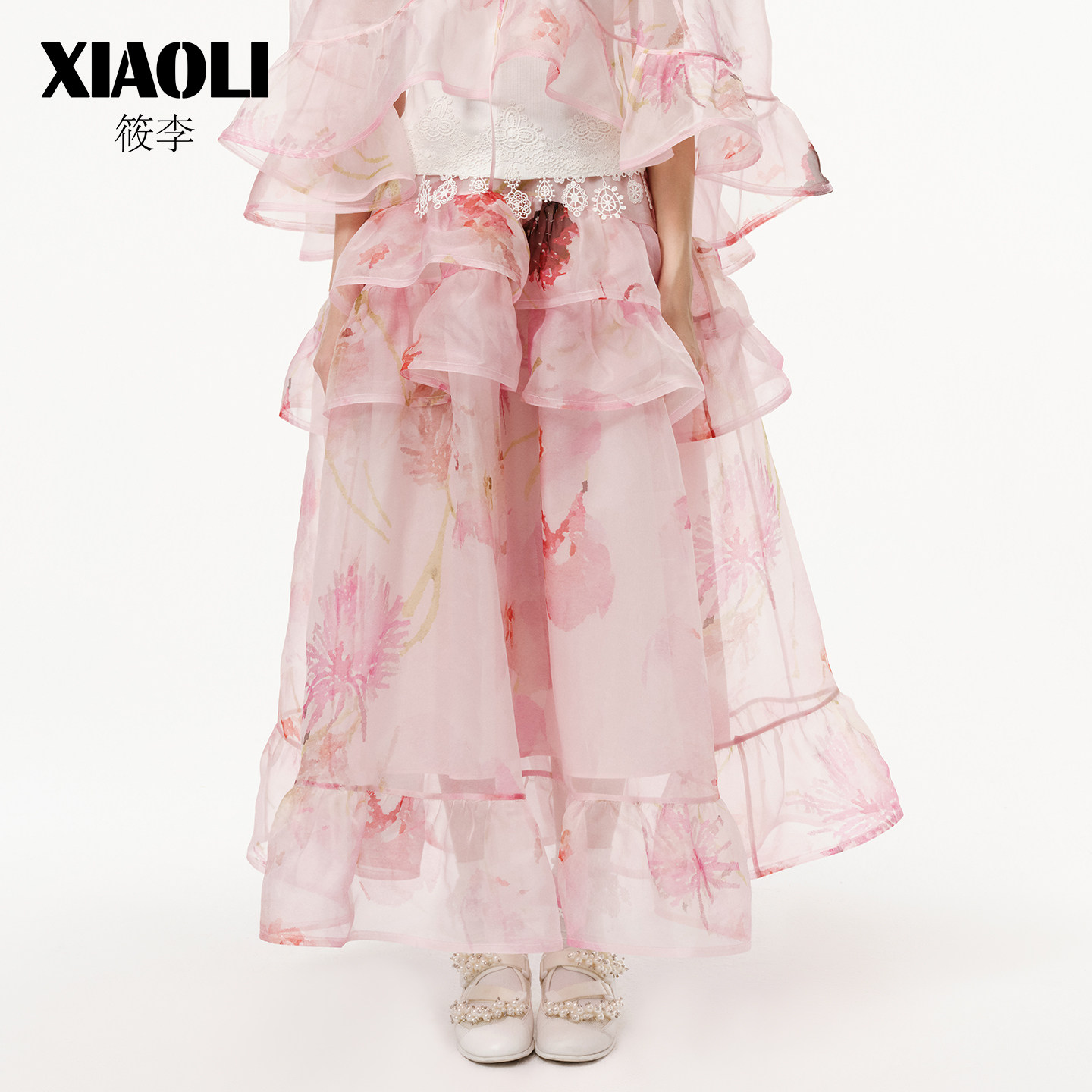 【XIAOLI筱李】26年春季新品设计感仙女粉色印花真丝花边半裙