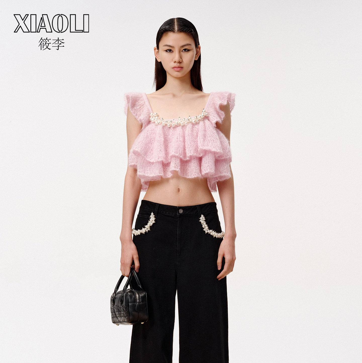【XIAOLI筱李】休闲百搭粉色马海毛短上衣配仿珍珠装饰春新品