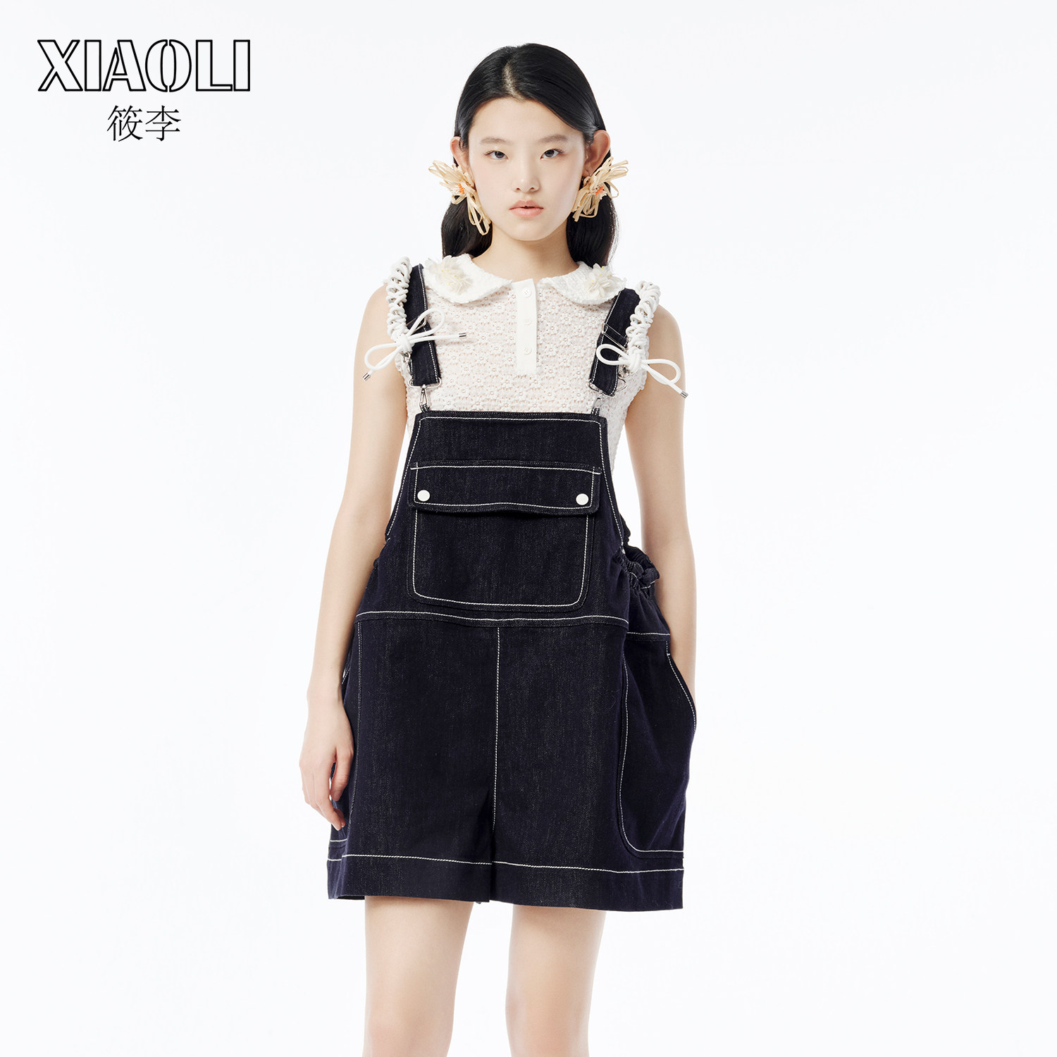 【设计师品牌XIAOLI筱李】新款牛仔蓝背带裤女短款宽松立体设计