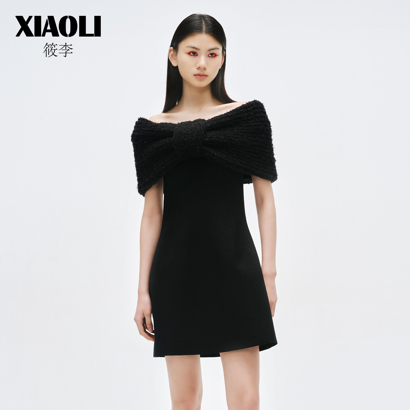 XIAOLI筱李毛织蝴蝶结披肩外搭仿抹胸气质连衣裙小黑裙晚礼服