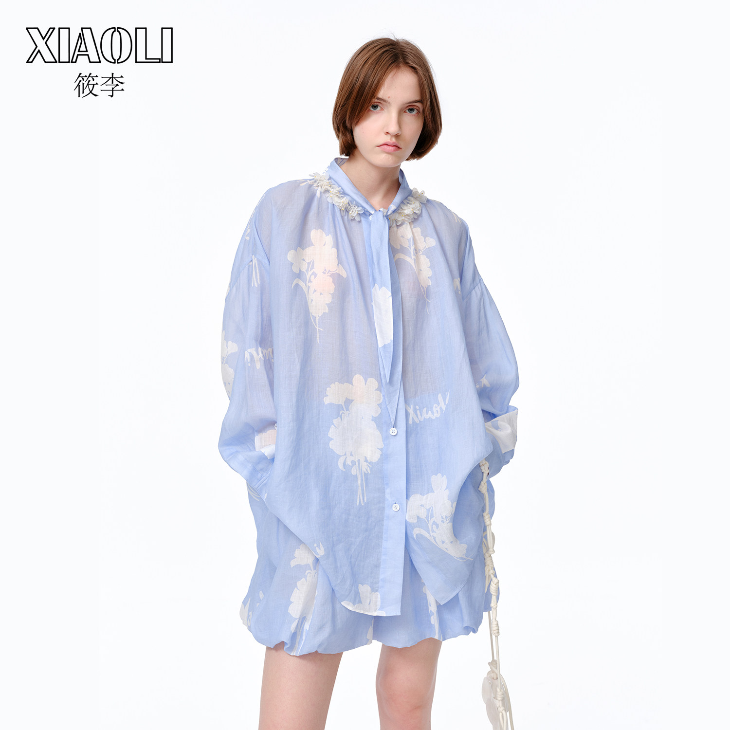 XIAOLI筱李嵌花苎麻长袖衬衫裙