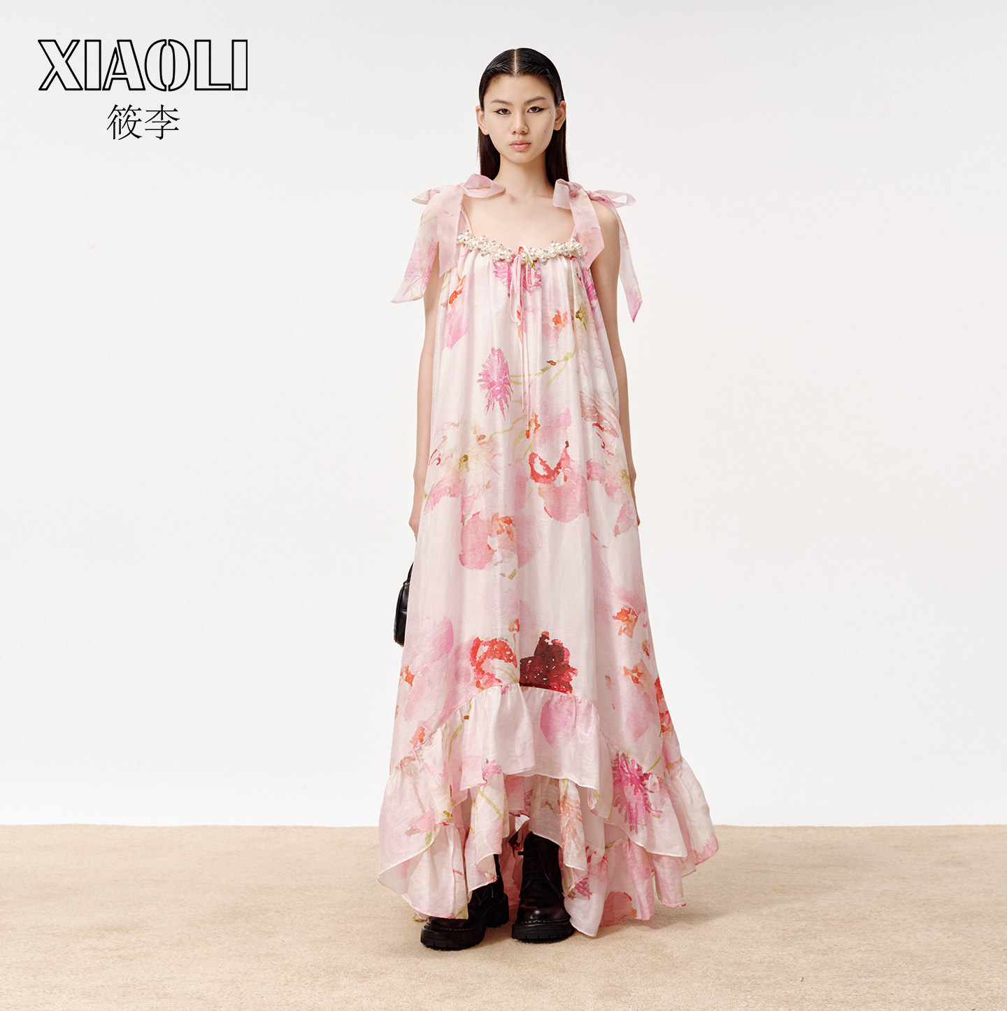 【XIAOLI筱李】淡水彩花卉印花优雅浪漫粉色长款连衣裙女春新品