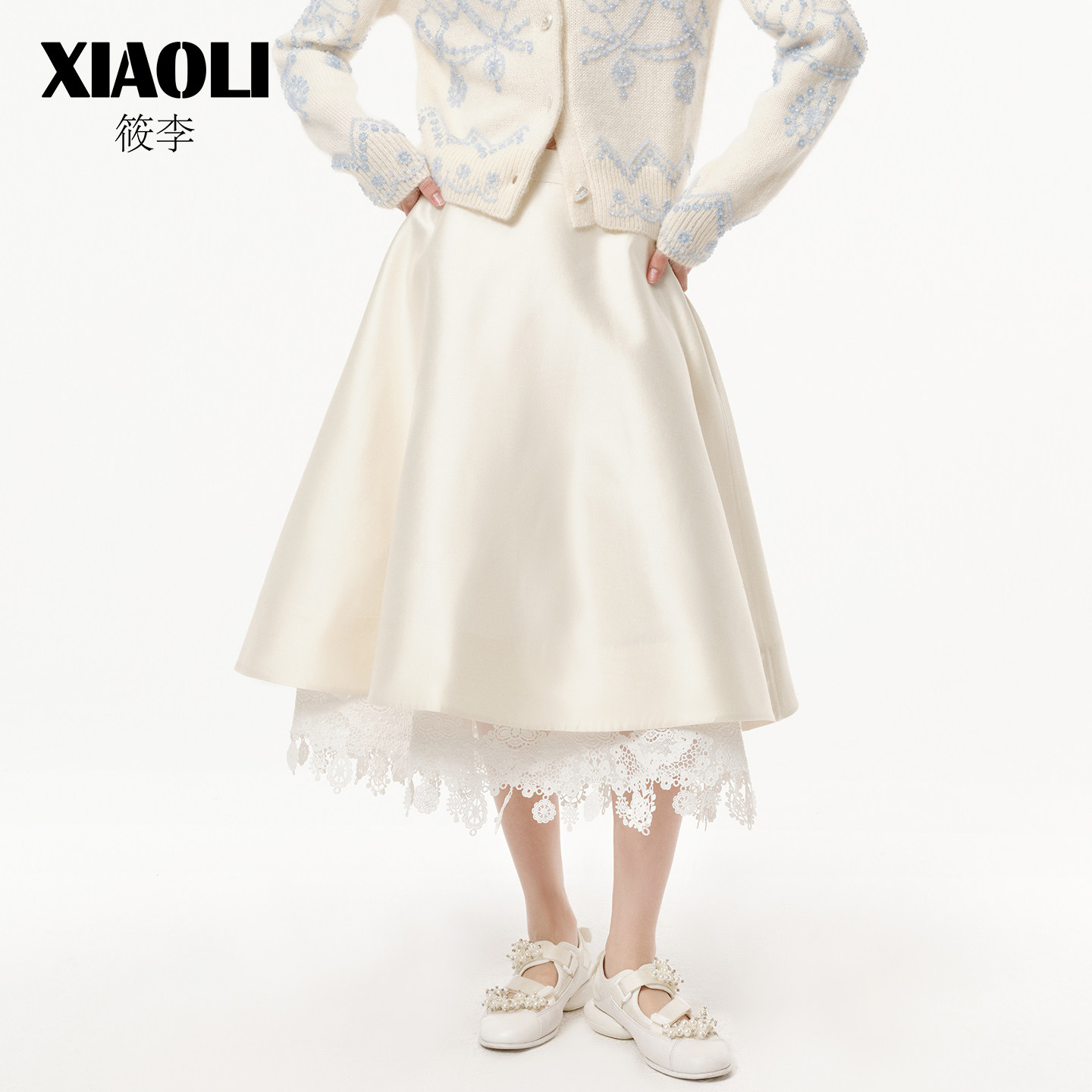 【XIAOLI筱李】白色蕾丝下摆伞裙