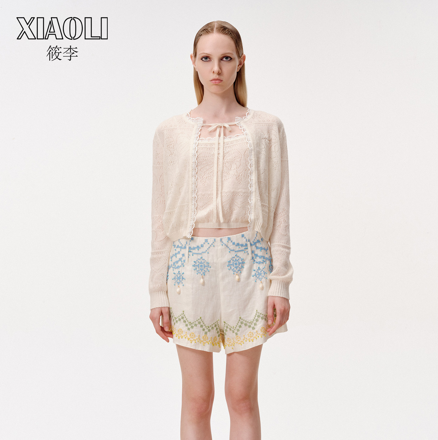 【XIAOLI筱李】法式浪漫风奶白丝羊绒挑孔针织系带开衫春夏新品