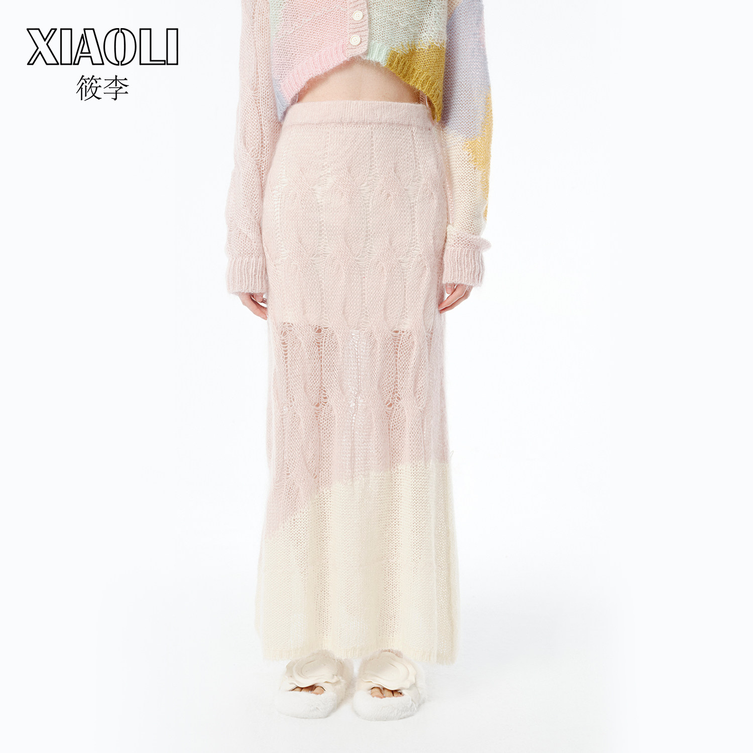 XIAOLI筱李 春夏新品粉色马海毛针织半裙