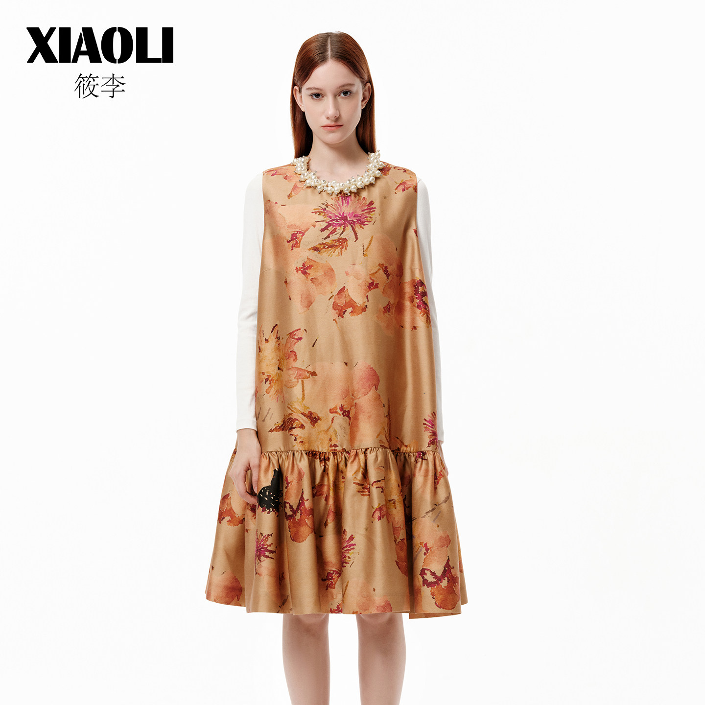 【XIAOLI筱李】浪漫度假风卡其色印花仿珍珠背心连衣裙春夏新品