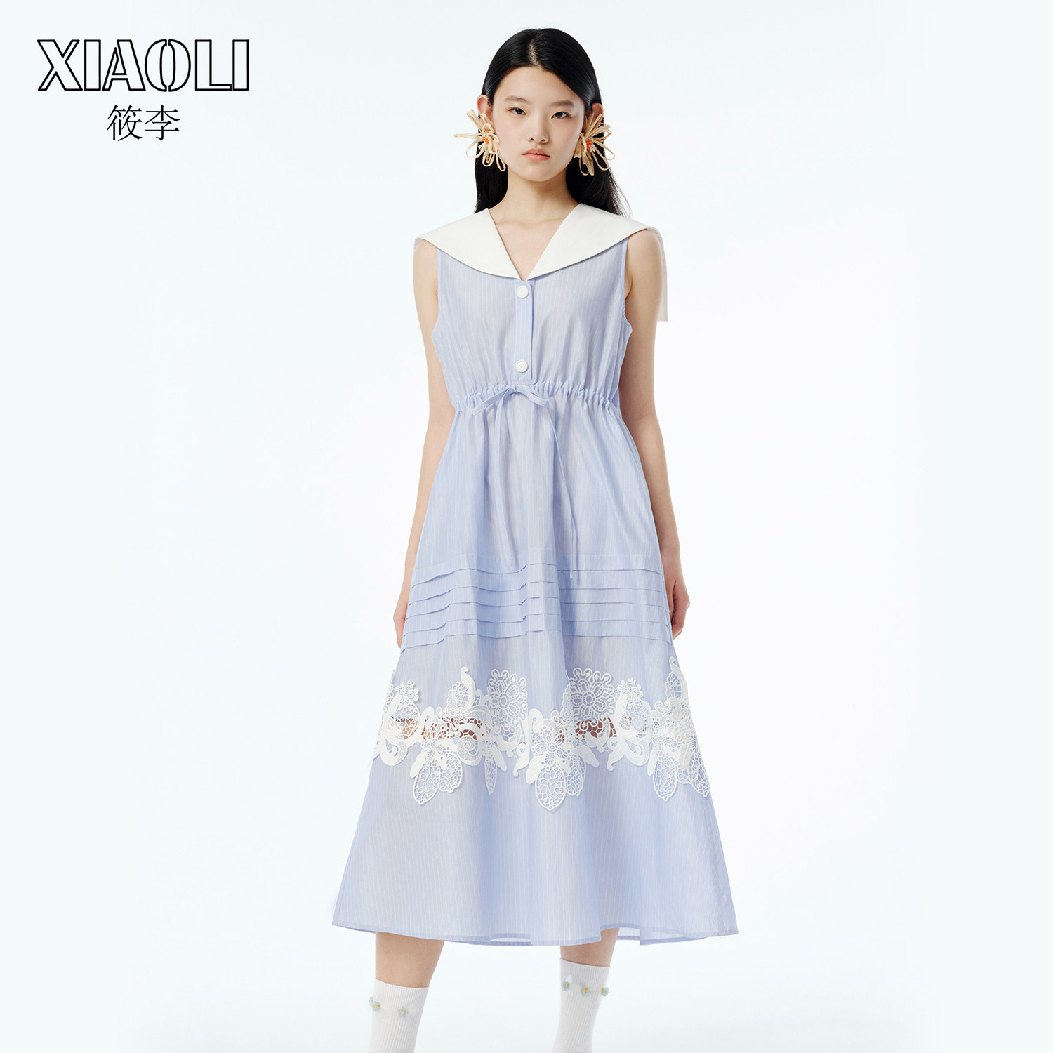 XIAOLI筱李 春夏胶囊系列新品航海系蓝白条纹海军领无袖连衣裙
