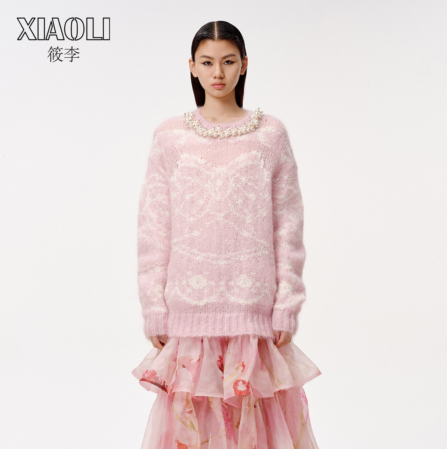 【XIAOLI筱李】粉色马海毛提花圆领毛衣混纺针织套头衫女春新品