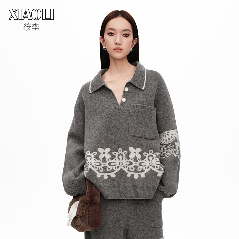 【设计师品牌XIAOLI筱李】秋冬格雷系羊毛衣外套蕾丝提花宽松卫