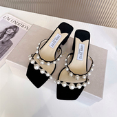 2023年新款 一字带舒适中跟凉鞋 拖鞋 女仙女风珍珠饰黑绒面革单鞋