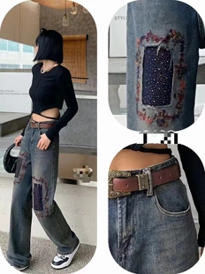 欧洲站带腰带高腰刺绣水泥灰正版高级牛仔裤