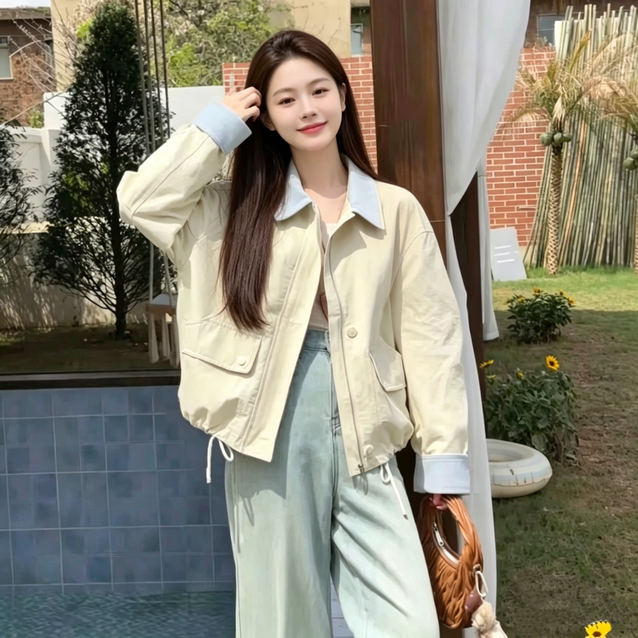 超好看杏色翻领外套女2026新款春秋拼接拉链开衫百搭洋气夹克上衣