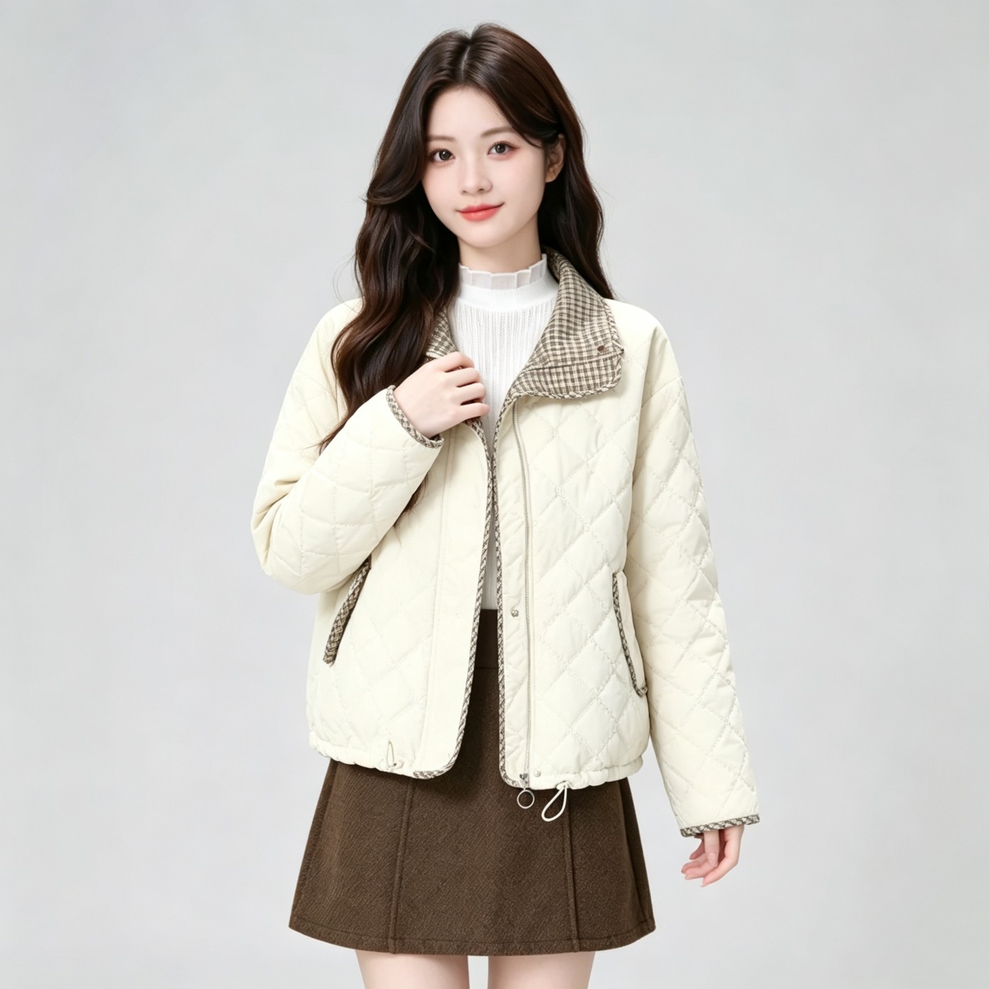 杏色翻领加厚格纹短款棉服外套女