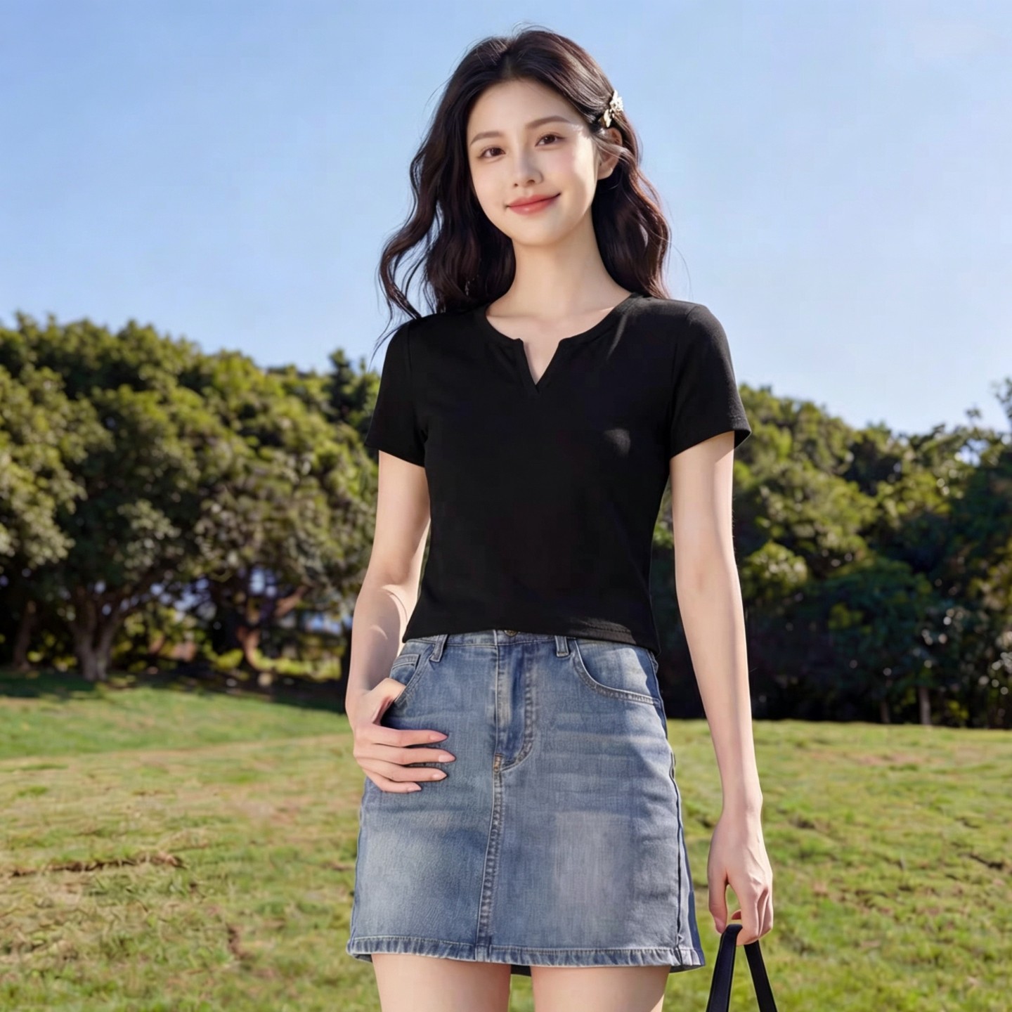 夏日黑色v领短袖T恤女2026夏季新款修身显瘦独特漂亮短款上衣女潮