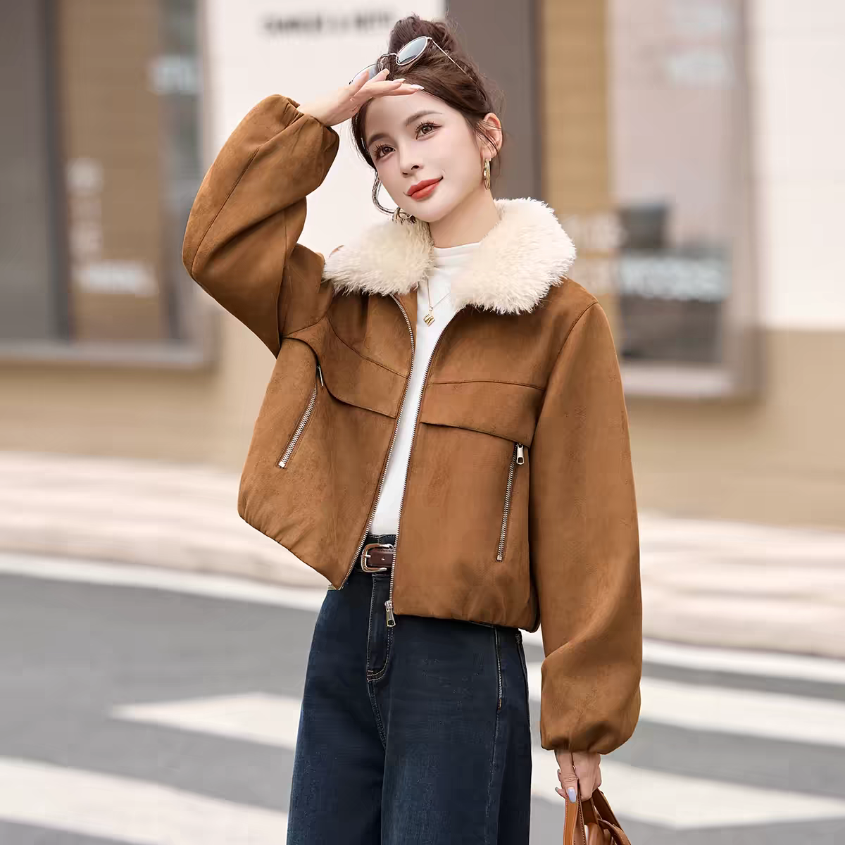 冬季鹿皮绒毛领短款外套女2025时尚今年流行加厚保暖百搭夹克上衣,女装/女士精品,短外套,淘宝优惠券,粉丝福利购,淘宝优惠卷