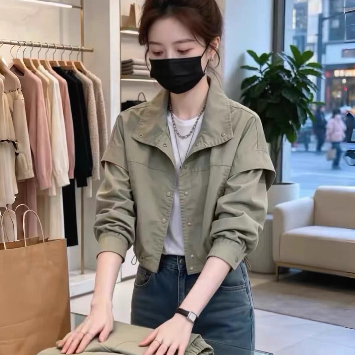 超好看韩版短款外套女2026新款秋季宽松翻领夹克小个子休闲上衣女