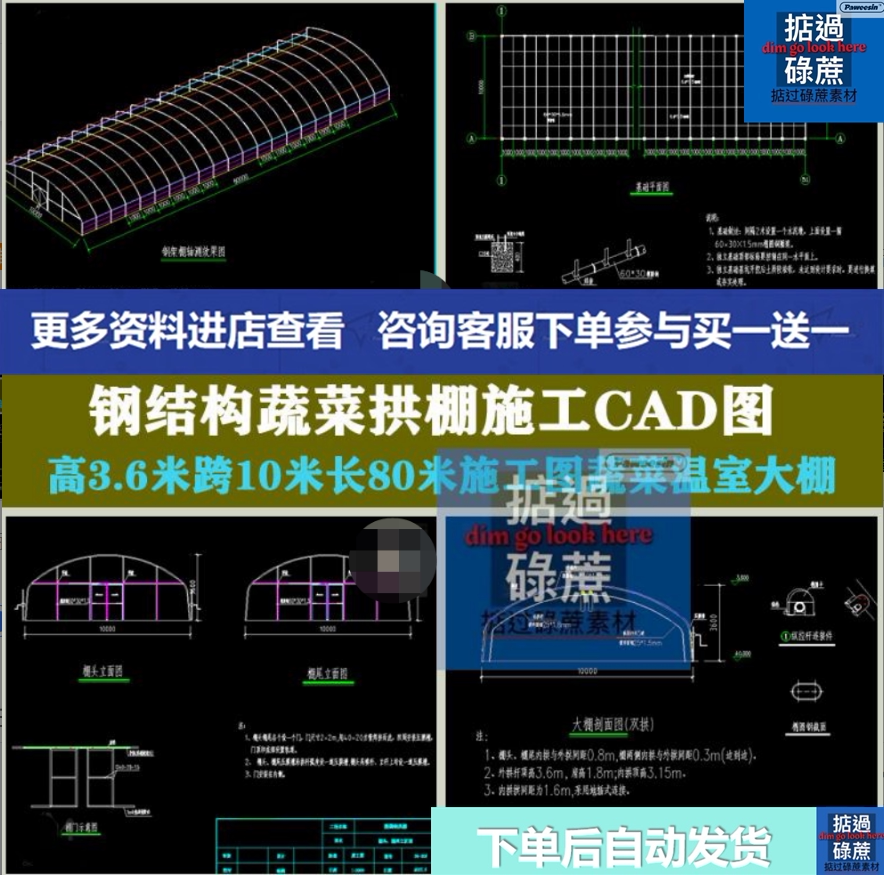 钢结构蔬菜拱棚施工蔬菜温室大棚高3.6米跨10米长80米cad图纸