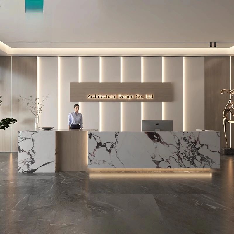 酒店岩板前台公司大理石接待台仿石材商铺会所吧台收银台烤漆图片