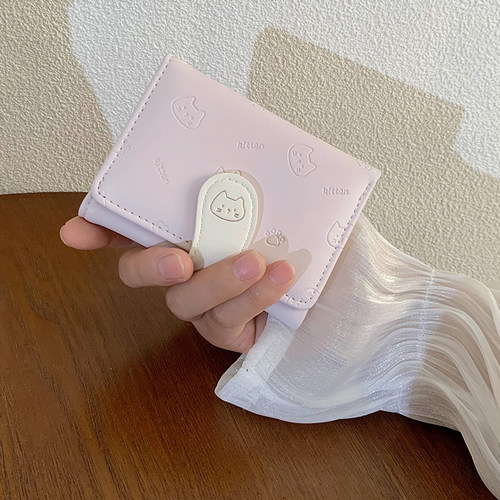 可爱猫咪折叠短款钱包韩版学生薄款小钱包卡通时尚小众零钱包钱夹