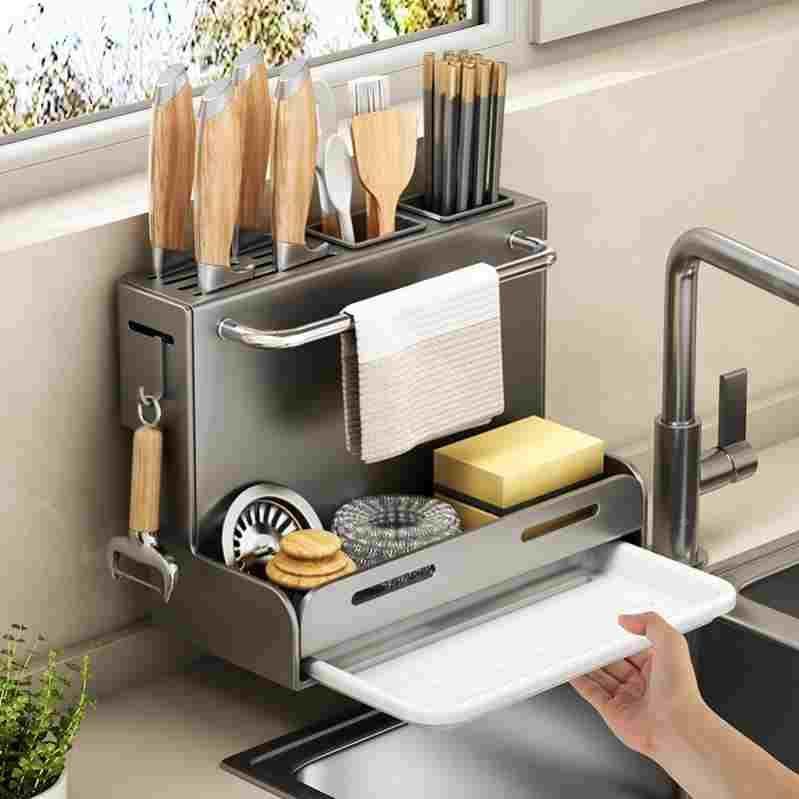 德国进口厨房多功能刀架置物架免打孔壁挂式刀具筷子一体收纳架