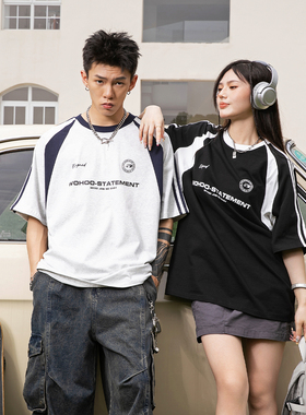 wohoo美式拼接撞色字母短袖t恤男女三条杠潮牌运动情半袖上衣夏季