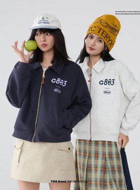 WOHOO翻领拉链开衫卫衣女2025秋季新款短款百搭时尚女生上衣外套