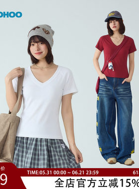 wohoo韩式纯色短袖t恤女夏季小个子修身显瘦上衣薄款