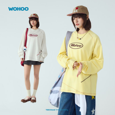 wohoo纯棉圆领长袖T恤撞色上衣