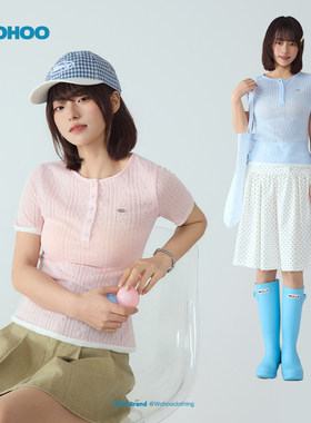 wohoo粉色毛衣亨利领镂空针织衫女2026新款早春气质上衣针织短袖