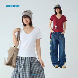 【曹颖甄选】wohoo韩式纯色短袖t恤女夏季小个子修身显瘦上衣薄款