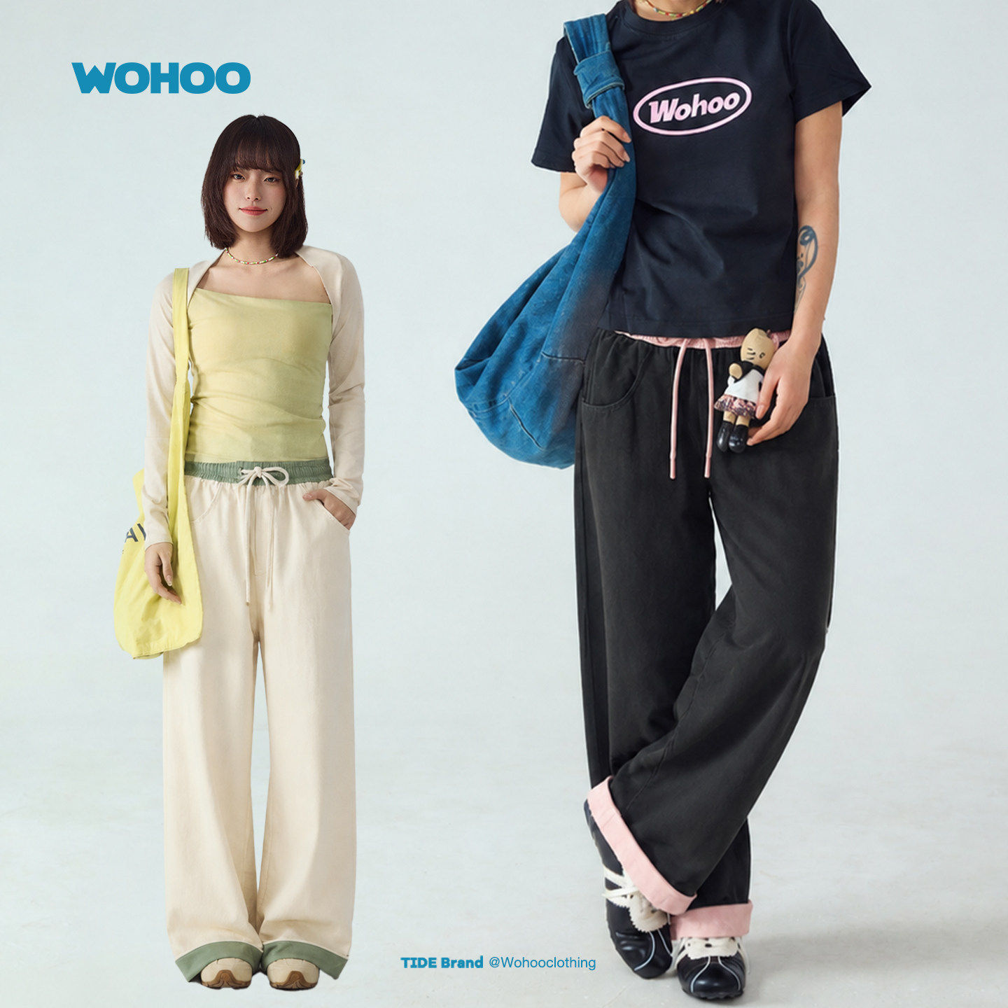 【所有女生直播间】wohoo纯棉直筒休闲裤女款夏季抽绳高腰阔腿裤