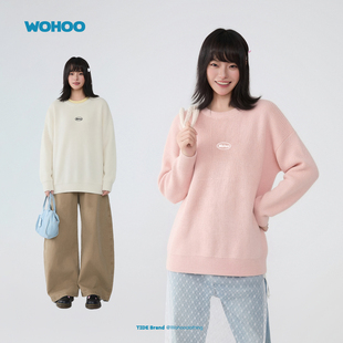 【所有女生直播间】wohoo圆领针织衫女logo印花长袖毛衣男女上衣