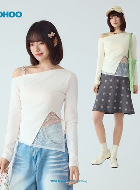 wohoo斜肩蕾丝拼接不对称长袖t恤女款春季新款修身显瘦设计感上衣