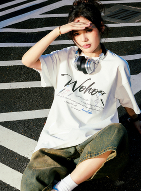 wohoo美式便利贴印花T恤男女同款趣味字母短袖宽松圆领半袖上衣夏