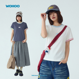 wohoo韩系拼接修身短袖T恤透气