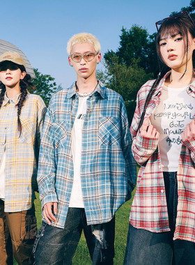 wohoo美式复古格子衬衫男春秋潮流街头宽松情侣休闲长袖衬衣外套