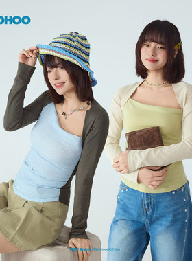 wohoo拼接披肩假两件撞色2026春季不对称超好看收腰修身长袖t恤女