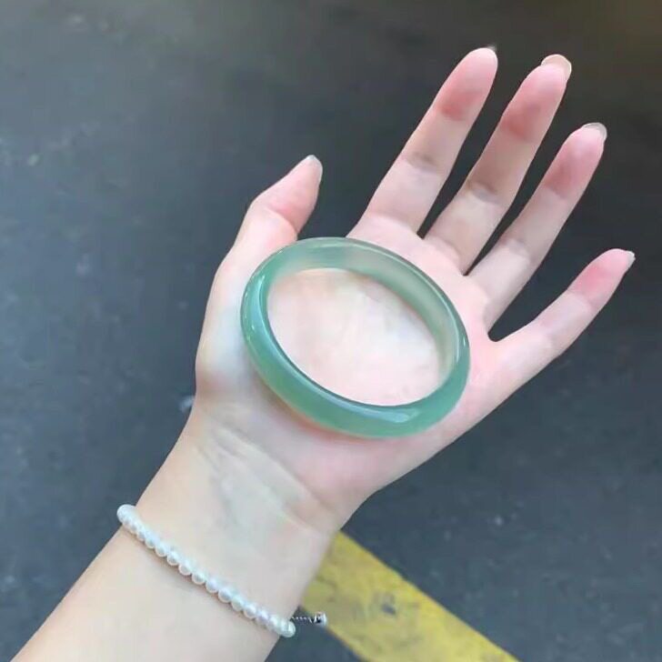 天然油青色玛瑙手镯女款冰种玉髓手镯马料正圈晴水玉镯玉石手镯