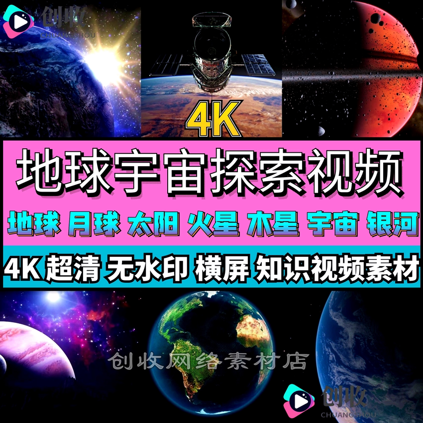 4k高清地球俯视宇宙 月亮太阳火星银河短视频自媒体素材片头模版