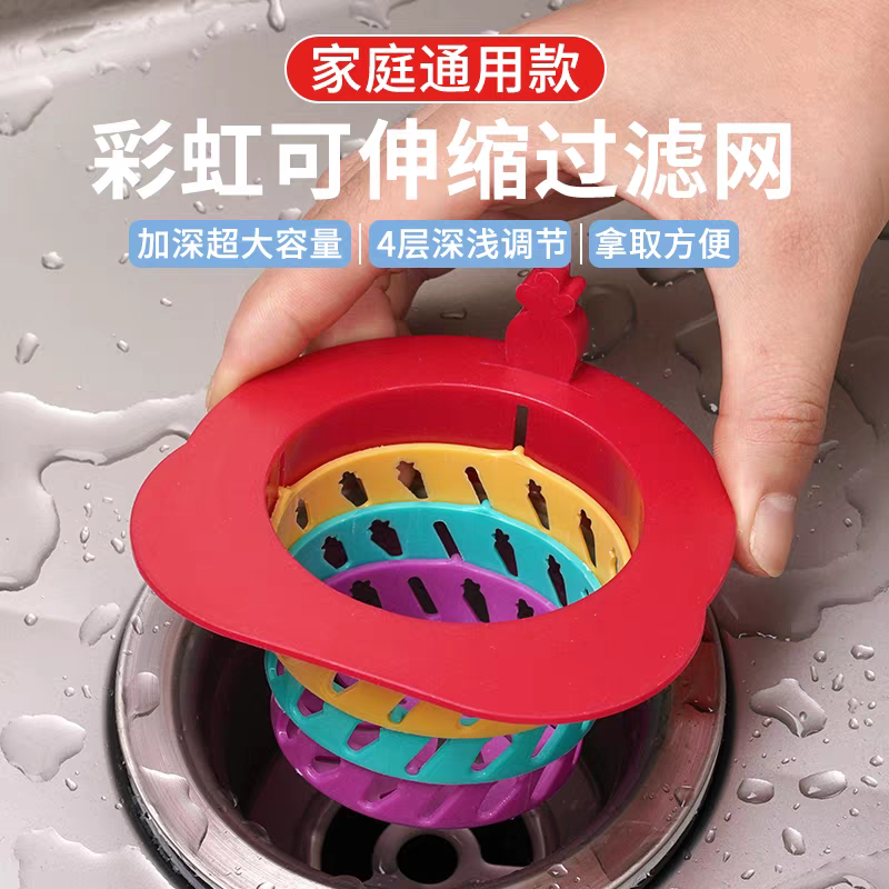 萝卜彩虹可伸缩水槽过滤网塑料厨房水池洗菜盆残渣防堵塞折叠地漏