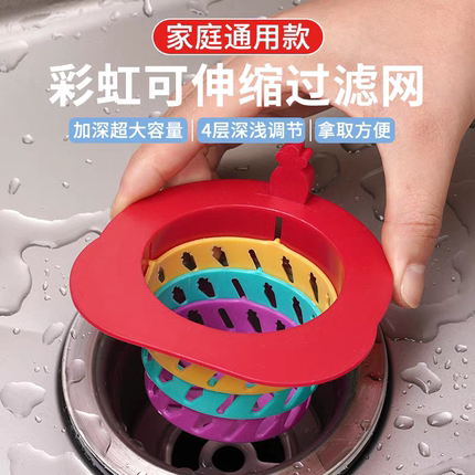 彩虹可伸缩过滤网通用型厨房水槽沥水池洗菜盆地漏折叠防堵塞残渣