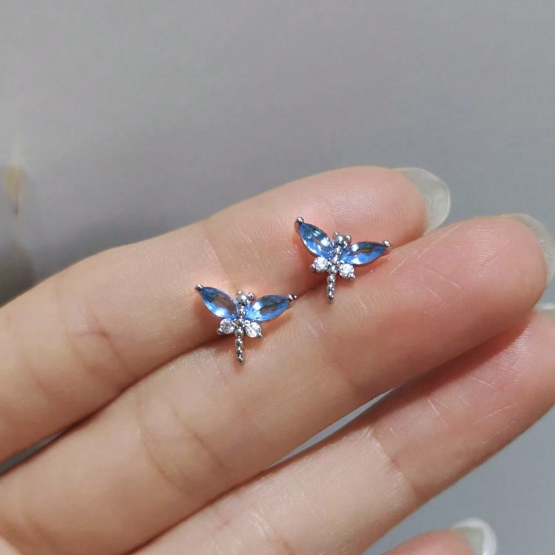 蓝色锆石蜻蜓耳钉轻奢简约精致耳