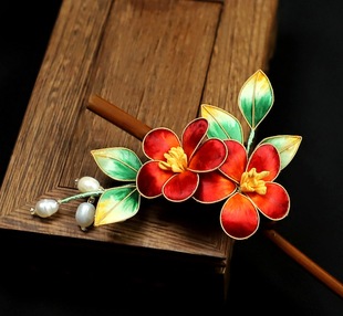 中国非遗绒花蚕丝桃花竹簪复古汉服旗袍头饰新中式古风簪子红色