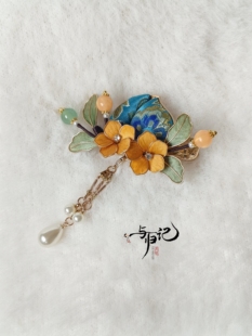 与归记蚕丝绒花仿宋锦发夹新中式蟠桃布艺古风头饰纯手工流苏边夹