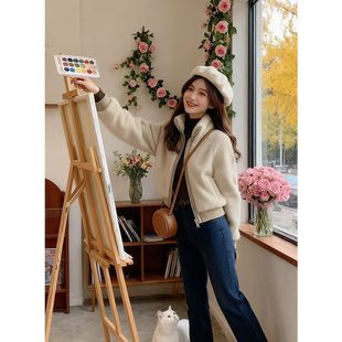 浅咖色小香风羊羔绒外套2025初冬爆款加厚短款小个子显瘦百搭